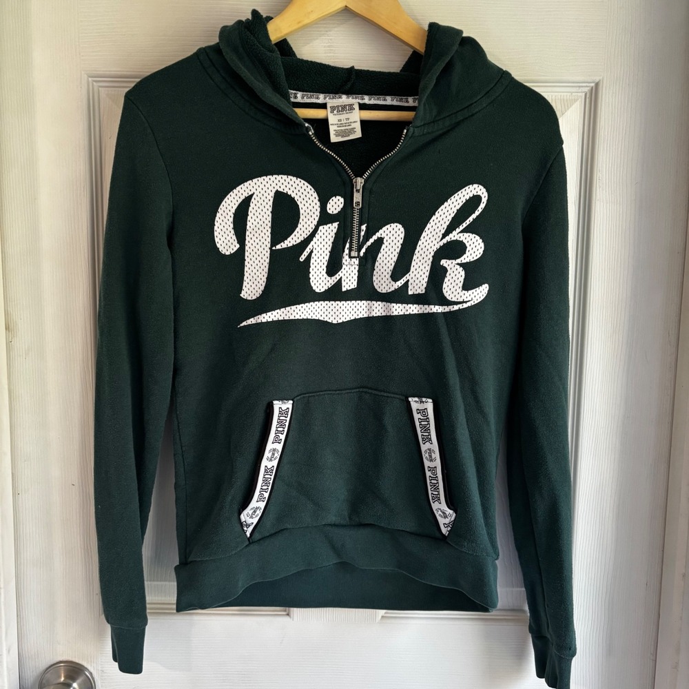 PINK Victoria's Secret Green‎ Half Zip Hoodie Sweatshirt XS Y2K